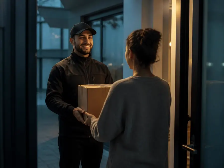 Kurier in Uniform übergibt in der Dämmerung ein Paket an einer Haustür